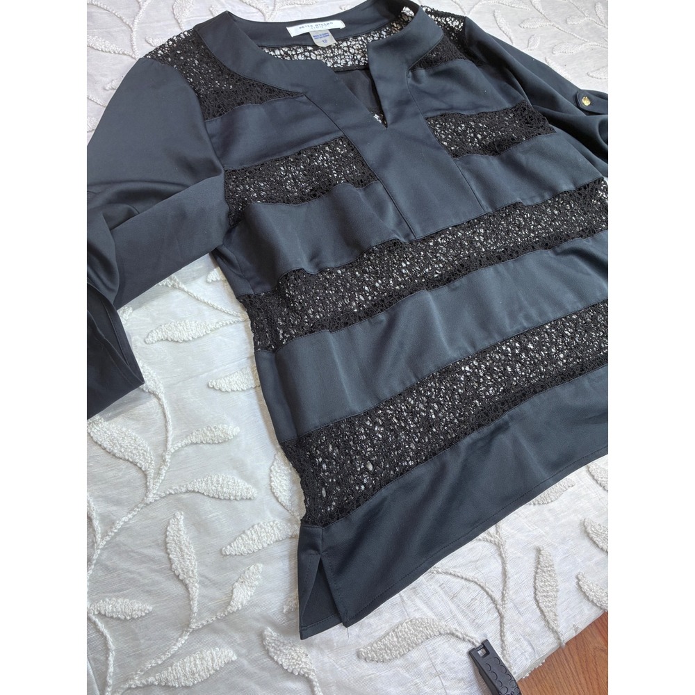 Peter Nygard Petite Black Lace Striped Trim V-Neck 3/4 Sleeve Tunic Top Size 12 - Picture 4 of 9